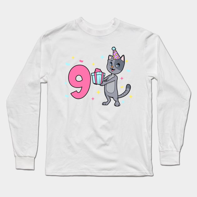 I am 9 with cat - girl birthday 9 years old Long Sleeve T-Shirt by Modern Medieval Design